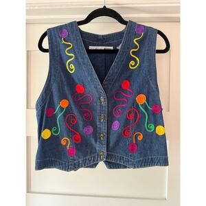 Vintage 90s Denim Embroidered Vest Colorful Swirl Artsy Boho Button Front Vest